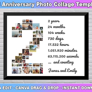 2nd Anniversary Photo Collage Template, Number 2 Collage, 2nd Collage, 2nd Birthday, Number Collage, Custom Gift for her, Canva Template
