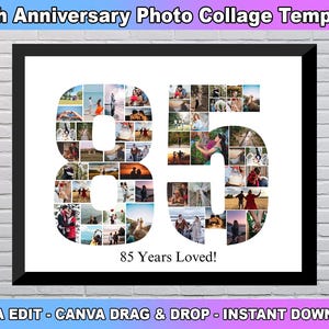 85e verjaardag fotocollagesjabloon, nummer 85 collage, 85e collage, 85e verjaardag, nummercollage, canvassjabloon, aangepast cadeau voor haar