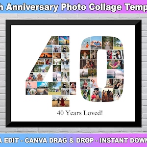 Modèle de collage photo 40e anniversaire, collage chiffre 40, collage 40e, 40e anniversaire, collage chiffre, cadeau personnalisé pour elle, modèle de toile