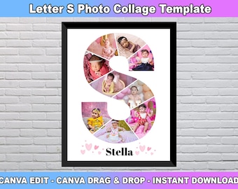 Letter S Photo Collage Template, Letter S Custom Name, Initial Photo Collage, Nursery room decor, Custom Gift for her,  Baby Canva Template