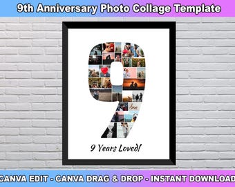 9th Birthday Photo Collage Template, Number 9 Collage, 9th Collage, 9th Birthday, Number Collage, Custom Gift for her, Canva Template