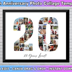 20th Birthday Photo Collage Template, Number 20 Collage, 20th Collage, 20th Birthday, Number Collage, Custom Gift for her, Canva Template