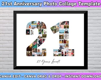 Modello di collage fotografico per il 21° compleanno, collage numero 21, collage 21°, 21° compleanno, collage numerico, regalo personalizzato per lei, modello Canva