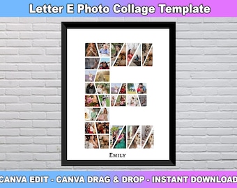 Letter E Photo Collage Template, Letter E Custom Name, Initial Photo Collage, Nursery room decor, Custom Gift for her, Canva Template