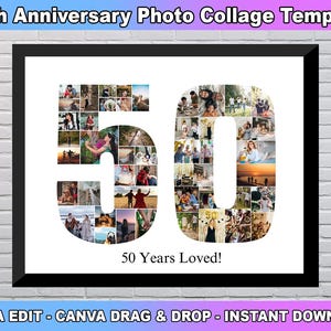 50th Birthday Photo Collage Template, Number 50 Collage, 50th Collage, 50th Birthday, Number Collage, Custom Gift for her, Canva Template