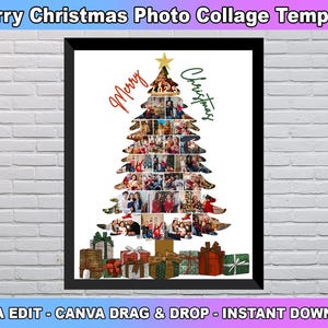 May include: A printable Christmas photo collage template featuring a Christmas tree made of photo frames. The tree is decorated with red and green ornaments and the words "Merry Christmas" are written on the top of the tree.