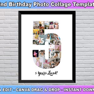 5th Birthday Photo Collage Template, Number 5 Collage, 5th Collage, 5th Birthday, Number Collage, Custom Gift for her, Canva Template