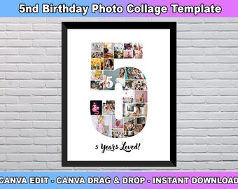 5th Birthday Photo Collage Template, Number 5 Collage, 5th Collage, 5th Birthday, Number Collage, Custom Gift for her, Canva Template