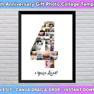 4th Birthday Photo Collage Template, Number 4 Collage, 4th Collage, 4th Birthday, Number Collage, Custom Gift for her, Canva Template