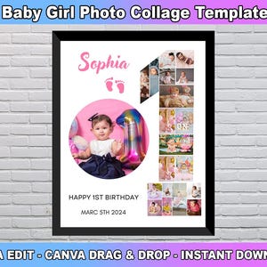 Custom 1st Birthday Picture Board, Baby Girl Birthday Poster, 1st Birthday Photo Collage Template, Canva Template 1st Birthday