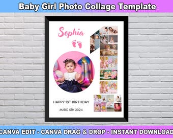May include: A printable photo collage template for a baby girl's first birthday. The template features a large number one made of photos, a pink balloon, and a photo of the baby girl. The text "Sophia" and "Happy 1st Birthday" are included in the template.