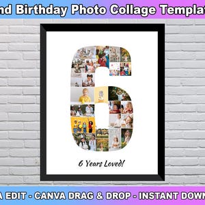6th Birthday Photo Collage Template, Number 6 Collage, 6th Collage, 6th Birthday, Number Collage, Custom Gift for her, Canva Template