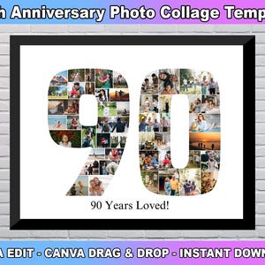 90th Birthday Photo Collage Template, Number 90Collage, 90th Collage, 90th Birthday, Number Collage, Canva Template, Custom Gift for her