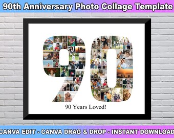 90th Birthday Photo Collage Template, Number 90Collage, 90th Collage, 90th Birthday, Number Collage, Canva Template, Custom Gift for her