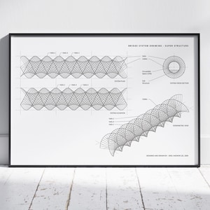 May include: Black framed print featuring a bridge system drawing. The print includes multiple views: system plan, elevation, cross-section, and isometric view. The drawing is in black and white, with detailed lines and labels. The text "BRIDGE SYSTEM DRAWING - SUPER STRUCTURE" is at the top.