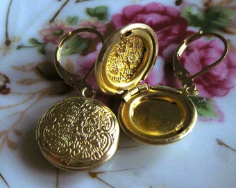 Mini Gold Locket Earrings Small Lockets Gold Earrings Small Floral Earrings Lockets thequeensdowry handmade Jewelry Round