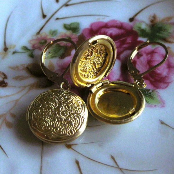 Mini Gold Locket Earrings Small Lockets Gold Earrings Small Floral Earrings Lockets thequeensdowry handmade Jewelry Round