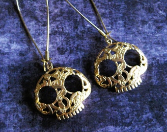 Gold Filigree Skull Earrings Day of the Dead De los Muertos Earrings Skull Feminine Skulls Ornate Earrings Ultra Long Edgy thequeensdowry