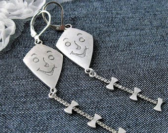 Silver Kite Earrings Whimsical Jewelry Drop Earrings Long Earrings Happy Face Jewelry Cute Gifts VIntage Fly a Kite Unique Earrings