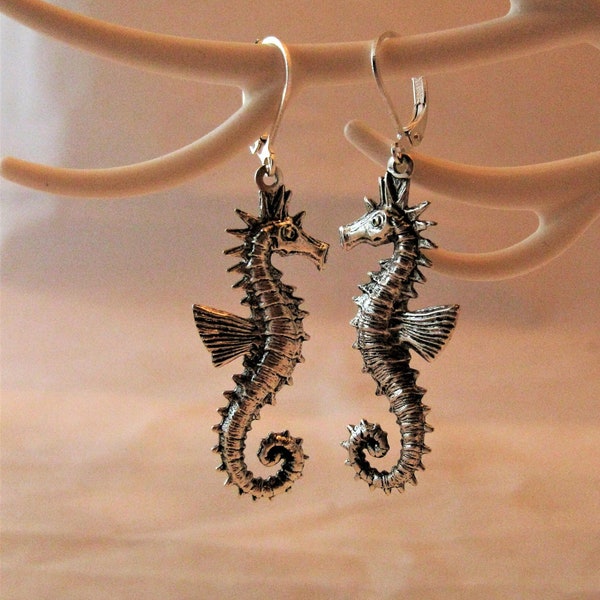 Silver Seahorse Earrings Sea Horse Sealife Jewelry Ocean Creatures Beach Earrings Beachy Jewelry  Summer Earrings Long Earrings Gift for her