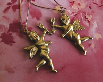 Cupid Earrings Golden Brass 3D Old World Style Large Cherub Angel Earrings Love Romantic Jewelry Holiday Earrings thequeensdowry