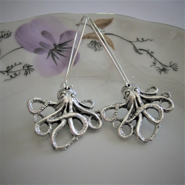 Silver Octopus Earrings Octopus Jewelry Octopi sea creatures dangle earrings unique earrings Jewelry Nautical beach earrings ocean