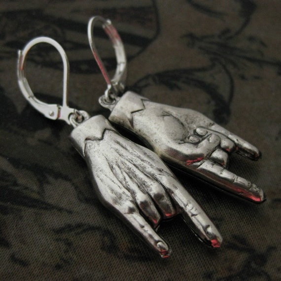 Rock and Roll Silver Hand Earrings Gestures Rock N Roll Hand Sign