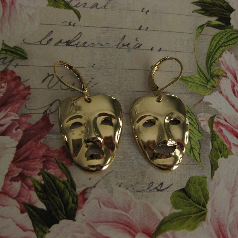 Comedy and Tragedy Earrings Gold drama theater earrings theater jewelry theatre earrings mask theater masks Broadway earrings Gift for actor image 2
