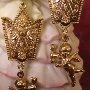Ornamental Cupid Earrings Cherub Angel Earrings Vintage Earrings Gold Long Earrings Romantic Jewelry Crown Earrings Brass Valentines Day image 1