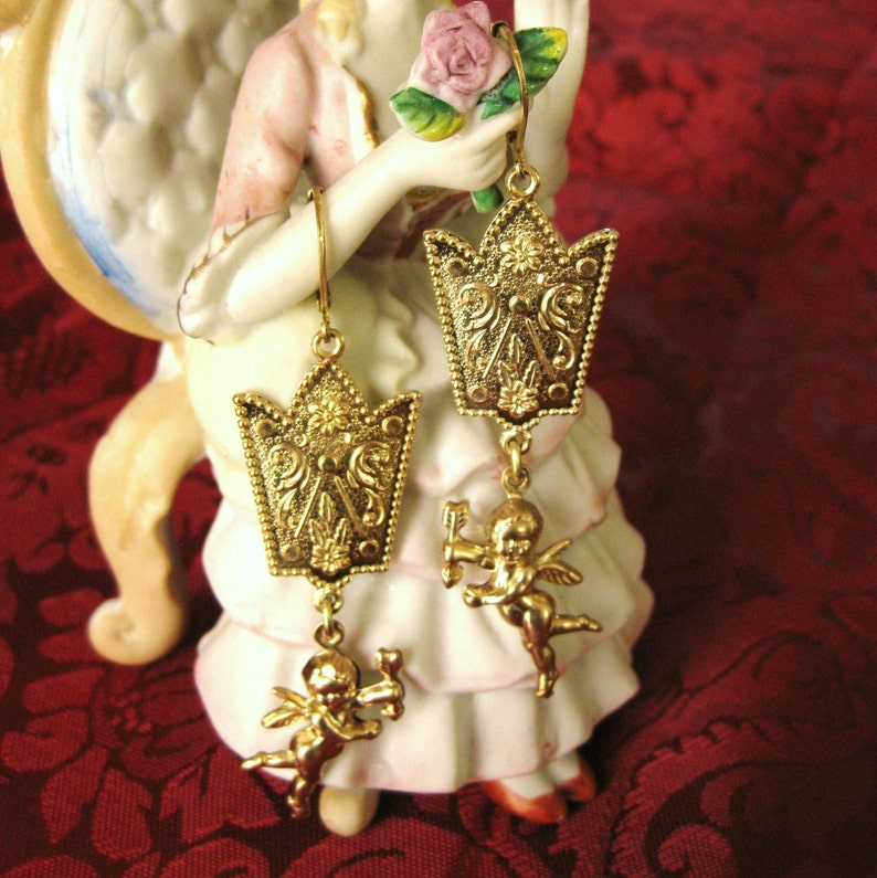 Ornamental Cupid Earrings Cherub Angel Earrings Vintage Earrings Gold Long Earrings Romantic Jewelry Crown Earrings Brass Valentines Day image 2