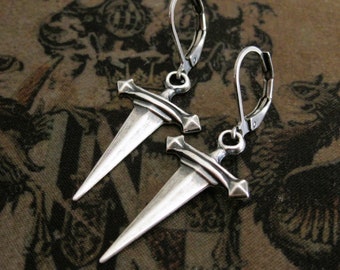 Silver Dagger Earrings Cosplay Jewelry Swords Medieval weaponry Gothic earrings medieval dangle earrings Celtic earrings thequeensdowry