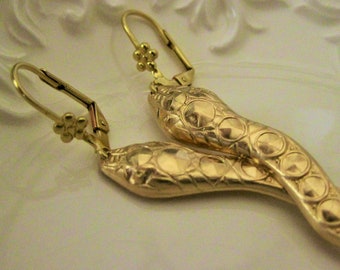 Golden Snake Earrings Ornamental Brass Unique Earrings Garden Snake Jewelry Nature Lover Jewelry Dangles Handmade Vintage Flower Ear wires