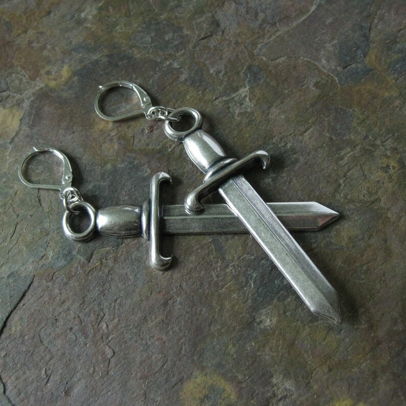 Silver Sword Earrings Medieval Gothic Earrings weaponry knights sword medieval knights dangle earrings sword jewelry fantasy earrings