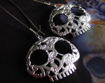 Silver Filigree Skull Earrings Day of the Dead De los Muertos Earrings Skull Feminine Gothic Ornate Earrings Ultra Long Edgy thequeensdowry