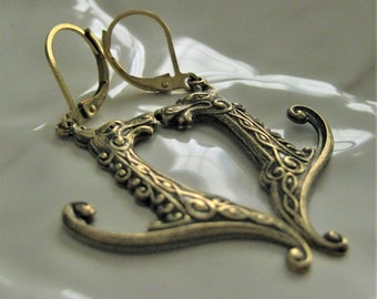 Celtic Horse Earrings Dragon Earrings Vintage Brass  Equestrian Earrings Horse Lover Gift Scottish Jewelry Dangle Earrings Vintage Earrings