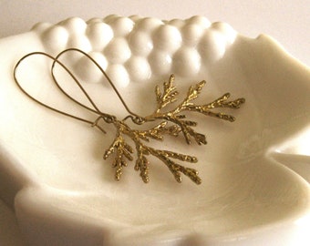 Gold Evergreen Juniper Earrings Pine Branch Juniper Earrings Pine Branch Earrings Nature Inspired Pine Branch Jewelry thequeensdowry Conifer