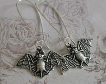 Silver Bat Earrings Gothic Earrings Handmade Flying bats Halloween Jewelry Spooky Earrings Bat themed jewelry thequeensdowry Silver animal