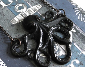 Black Octopus Necklace Vintage design dark black patina Brass Octopus nautical jewelry octopi ocean inspired sea creatures thequeensdowry