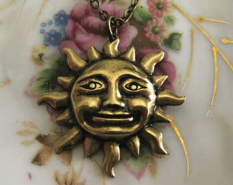 Sun Necklace Happy Face Jewelry Antique Gold  summer fashion Sun pendant Summer Jewelry Smiling Sun handmade thequeensdowry