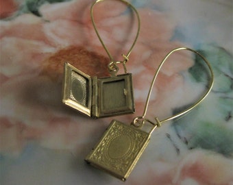 Book Locket Earrings brass librarian gift book jewelry book pendant book lover for her gift miniature book teacher gift