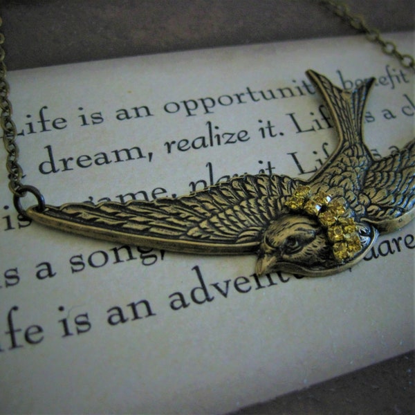 Brass Flying Bird Necklace Bird Jewelry Necklaces thequeensdowry handmade gift for her swooping bird soaring bird vintage brass rhinestone