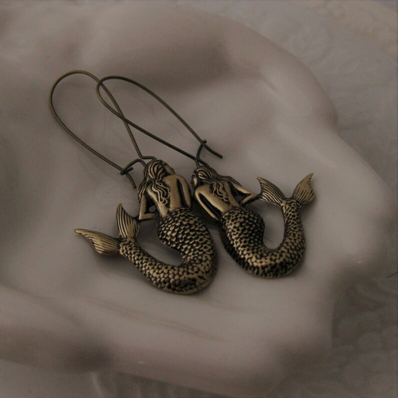 Mermaid Earrings Antique Gold Mermaid Jewelry Nautical Beach earrings jewelry ocean jewelry mermaid gift beach boho earrings Mermaids image 4