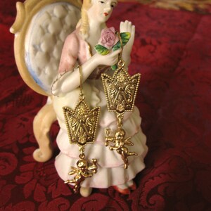 Ornamental Cupid Earrings Cherub Angel Earrings Vintage Earrings Gold Long Earrings Romantic Jewelry Crown Earrings Brass Valentines Day image 5