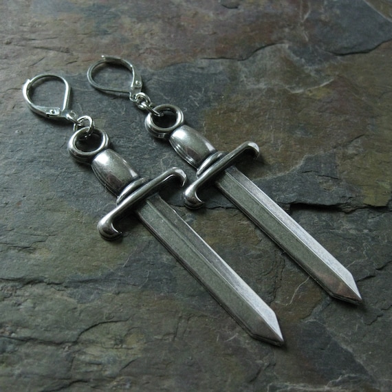 Silver Sword Earrings Medieval Gothic Earrings weaponry knights sword medieval knights dangle earrings sword jewelry fantasy earrings