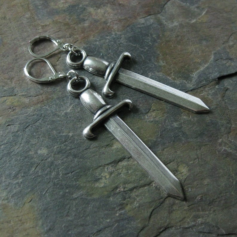 Silver Sword Earrings Medieval Gothic Earrings weaponry knights sword medieval knights dangle earrings sword jewelry fantasy earrings