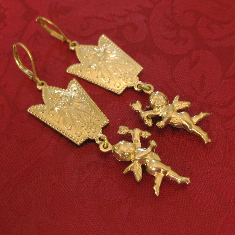 Ornamental Cupid Earrings Cherub Angel Earrings Vintage Earrings Gold Long Earrings Romantic Jewelry Crown Earrings Brass Valentines Day image 4