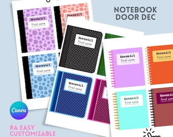 RA door dec: Notebook designed name tags with room numbers