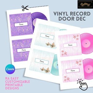 May include: Printable vinyl record door decor with customizable name labels. The designs feature butterflies, floral patterns, and wood grain textures in pink, purple, and blue.