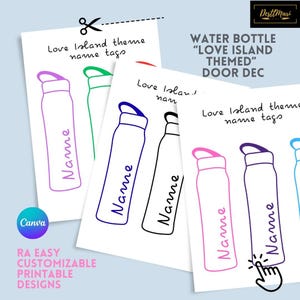 以下が含まれることがあります： 「Love Island」をテーマにした、印刷可能なウォーターボトルネームタグのコレクション。タグには、紫、緑、青、黒、ピンクなど、さまざまな色のウォーターボトルのデザインが施され、それぞれに「Name」の文字が印刷されています。