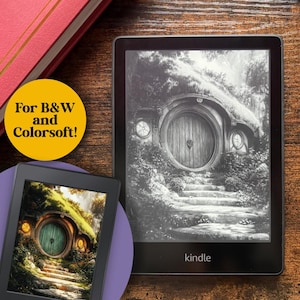 May include: A black and white image of a hobbit hole on a Kindle e-reader. The image shows a round door with a stone archway and a path leading up to it. The text "kindle" is visible on the bottom of the e-reader.